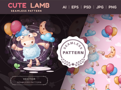 卡通人物疯狂的羔羊-无缝模式(Cartoon Character Crazy Lamb - Seamless Pattern)