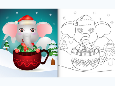 着色书，杯子里有可爱的大象圣诞人物(coloring book with a cute elephant christmas characters  in the cup)