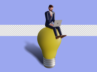 3d 男性角色正在打字并坐在灯上。 Psd 溢价(3d male character is typing and sitting on a lamp. Psd Premium)
