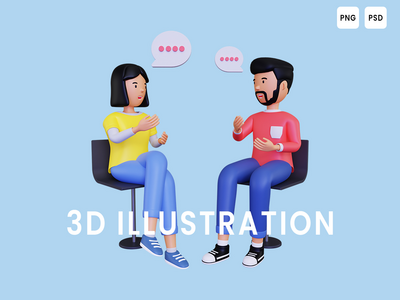 3d 男性和女性角色坐在椅子上交谈(3d Male and female character are having a conversation while sitting on a chair)