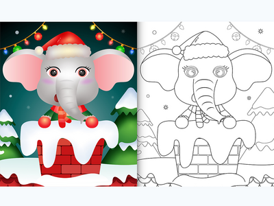 用圣诞老人的帽子和围巾在烟囱里给孩子们涂上可爱的大象(coloring for kids with a cute elephant using santa hat and scarf in chimney)