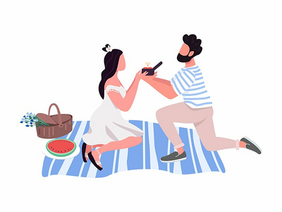 大胡子男向女性半平面彩色矢量字符求婚(Bearded man proposing to woman semi flat color vector characters)