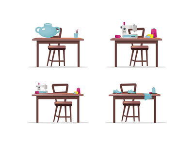 工艺工作台平面颜色矢量对象集(Craft work tables flat color vector objects set)