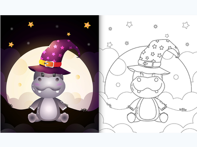 着色书与可爱的卡通万圣节女巫河马在月亮前(coloring book with a cute cartoon halloween witch hippo front the moon)