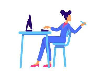 自信的办公室女士坐在桌边半平面彩色矢量字符(Confident office lady sitting at table semi flat color vector character)