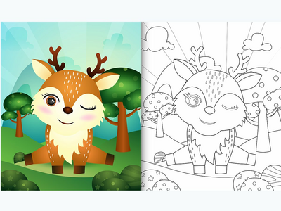 带有可爱鹿角色插图的儿童着色书(coloring book for kids with a cute deer character illustration)