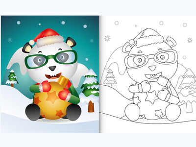 带有可爱熊猫拥抱圣诞球的着色书(coloring book with a cute panda hug christmas ball)