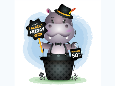 黑色星期五促销，篮子里有一只可爱的河马(Black friday sale with a cute hippo in the basket)