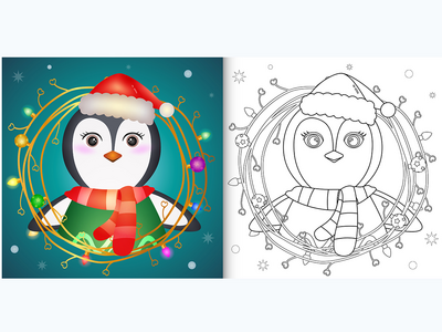 着色书与一只可爱的企鹅与树枝装饰圣诞节(coloring book with a cute penguin with twigs decoration christmas)