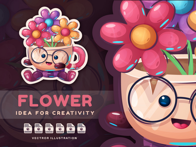 卡通人物杯与花-贴纸(Cartoon Character Cup With Flower - Sticker)