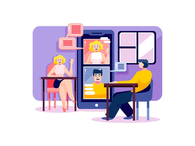 一对男女正在通过智能手机进行商务在线会议(A man and woman are having business online meeting by smartphone)