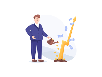 商人正在浇灌金钱树。增加收入(Businessman is watering a tree of money. Increase revenue)