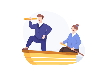 商人和女人一起在船上航行。(Business man and woman sailing on boat together.)