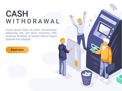 现金提款等距页眉平面概念(Cash Withdrawal Isometric Header Flat Concept)