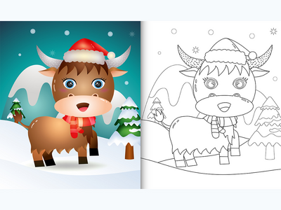 带有可爱水牛圣诞人物的图画书(coloring book with a cute buffalo christmas characters)