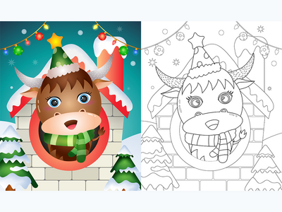 带有可爱水牛圣诞人物的图画书(coloring book with a cute buffalo christmas characters)