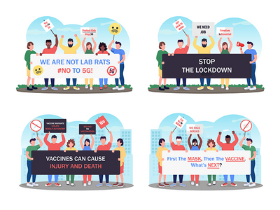 电晕病毒锁定抗议平面概念矢量图集(Corona virus lockdown protest flat concept vector illustration set)