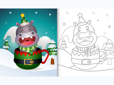 精灵杯中带有可爱河马圣诞人物的着色书(coloring book with a cute hippo christmas characters  in the elf cup)