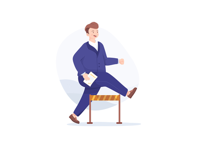 商人手里拿着合同跳过障碍。(Businessman jumping over hurdles with contract in his hand.)