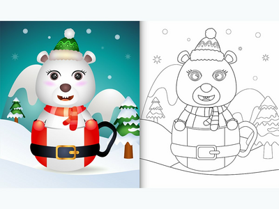 圣诞老人杯中带有可爱北极熊圣诞人物的着色书(coloring book with a cute polar bear christmas characters in the santa cup)