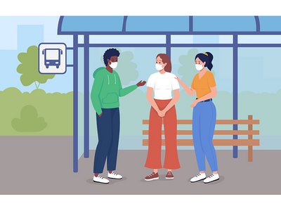 流行病平面彩色矢量图解期间的巴士站(Bus stop during pandemic flat color vector illustration)