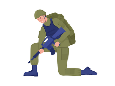 带步枪的陆军士兵寻找痕迹半平面彩色矢量字符(Army soldier with rifle looking for trace semi flat color vector character)