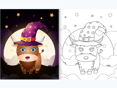 着色书与可爱的卡通万圣节女巫水牛在月亮前(coloring book with a cute cartoon halloween witch buffalo front the moon)