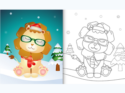带有可爱的狮子圣诞人物的图画书(coloring book with a cute lion christmas characters)