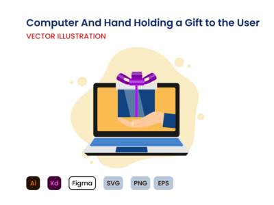 电脑和手拿着礼物给用户插图。(Computer and hand holding a gift to the users illustration.)