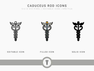杖杆图标设置矢量图和实线图标线条样式(Caduceus rod icons set vector illustration with solid icon line style)