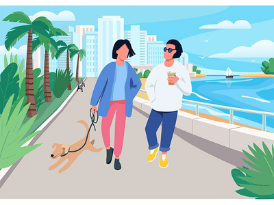 夫妇与狗沿着海滨平面彩色矢量插图散步(Couple with dog walking along seafront flat color vector illustration)