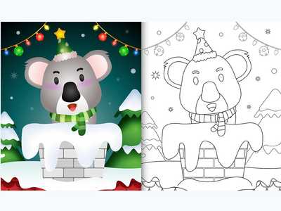 孩子们的图画书，带着可爱的考拉，在烟囱里用圣诞帽和围巾(coloring book for kids with a cute koala using santa hat and scarf in chimney)