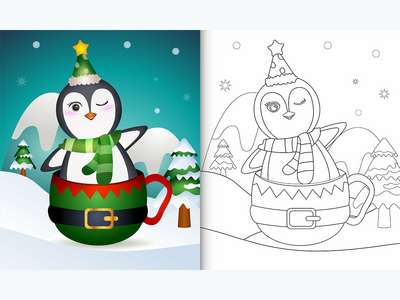 精灵杯中带有可爱企鹅圣诞人物的着色书(coloring book with a cute penguin christmas characters  in the elf cup)
