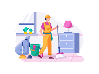 拿着扫帚的清洁工对干净的房子感到满意。(Cleaning man holding broom satisfied with clean house.)