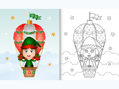 着色书与可爱的女孩精灵圣诞人物(coloring book with a cute girl elf christmas characters)