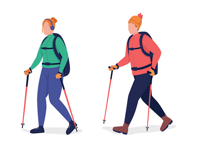成人在冬季半平面彩色矢量字符集中远足(Adults hiking in winter semi flat color vector character set)