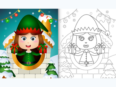 着色书与可爱的女孩精灵圣诞人物(coloring book with a cute girl elf christmas characters)