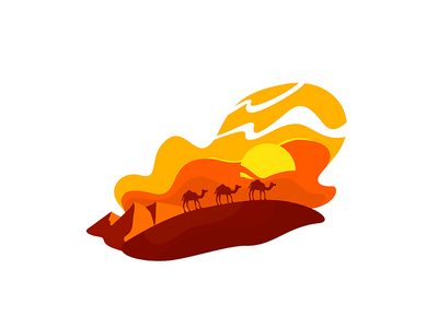 骆驼走进沙丘 2D 矢量网页横幅、海报(Camels walk in dunes 2D vector web banner, poster)
