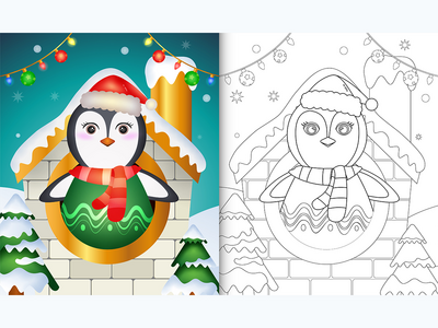 屋内有可爱企鹅圣诞人物的着色书(coloring book with a cute penguin christmas characters inside the house)