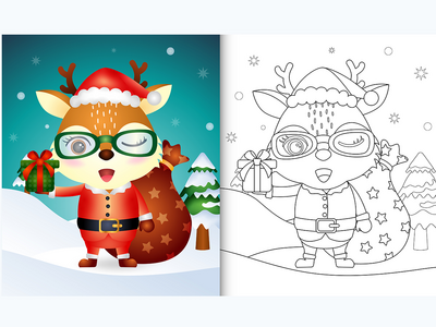 使用圣诞老人服装的可爱鹿着色书(coloring book with a cute deer using santa clause costume)