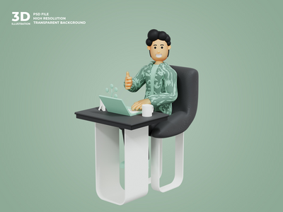 使用笔记本电脑工作的 3d 男性角色(3d male character working using laptop)