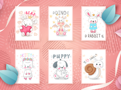 可爱的卡通人物集动物(Adorable Cartoon Character Set Animal)