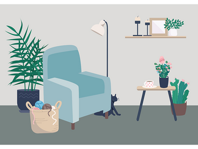 舒适的客厅平面彩色矢量图(Cozy living room flat color vector illustration)