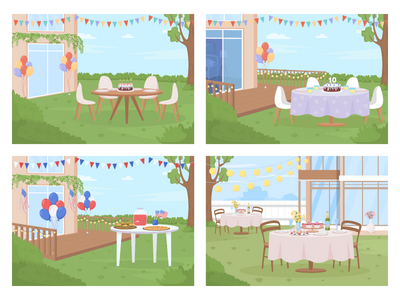 后院派对布置平面彩色矢量插图集(Backyard party arrangement flat color vector illustration set)