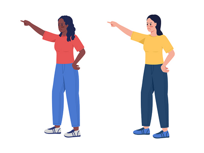 愤怒的女人用手指指点半平面彩色矢量字符集(Angry women pointing with fingers semi flat color vector characters set)