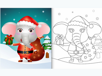 使用圣诞老人服装的可爱大象着色书(coloring book with a cute elephant using santa clause costume)