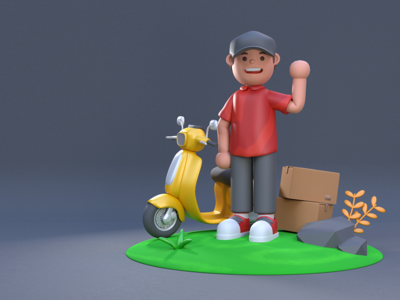 快递包裹递送插图与包裹箱和滑板车(courier package delivery illustration with package box and scooter)