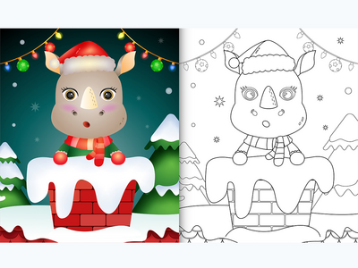 用圣诞帽和围巾在烟囱里为可爱犀牛的孩子着色(coloring for kids with a cute rhino using santa hat and scarf in chimney)