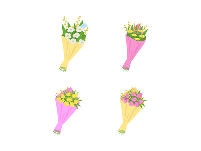 带有消息平面颜色矢量对象集的花束、鲜花(Bouquets, flowers with messages flat color vector object set)