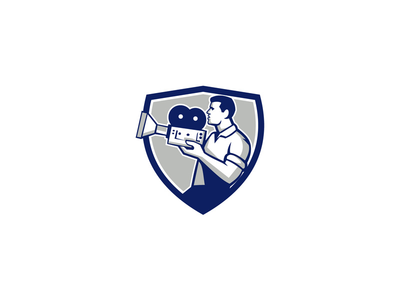 摄影师摇篮老式电影摄影机徽章复古(Cameraman Cradling Vintage Movie Camera Crest Retro)